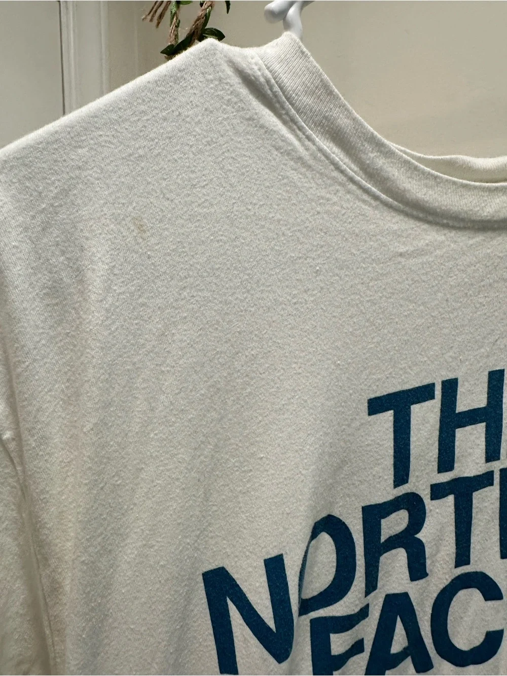 The North Face White Short Sleeve Tee with Blue Logo + imperf